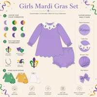 Puresun Custom Manufacturer 100% katoenen Mardi Gras Fleur De Lis borduurwerk gegolfde ruffle bloomer set meisjes set peuter 1-6 jaar