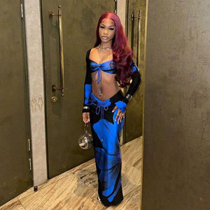 Women Floral Print Drawstring Long Sleeve Skirt <b>Set</b> Casual Breathable <b>Knitted</b> Polyester FDC0924 - Product Image 3