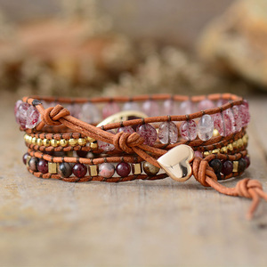 Bracelet perlé multicouche en cordon de cuir, pierre de cristal en forme de goutte d'eau, style bohème, bijoux cadeau - Product Image 3