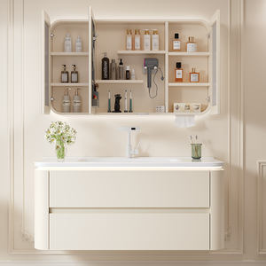 Современная тумба для ванной 2024 года с раковиной, лакированная кремовым цветом, комбинированная, с двумя выдвижными ящиками, новая керамическая раковина-умывальник - Product Image 1