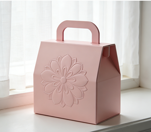 <b>Pink</b> embossed cardboard <b>gift</b> <b>box</b> with handle, featuring integrated handle design -Vietnam FSC Certified Luxury Packaging Factory - Product Image 4