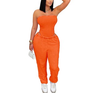 FS16919D Women Summer Two Pieces Sweatpants Set With <strong>Strapless</strong> Tube <strong>Bodysuits</strong> - Product Image 3