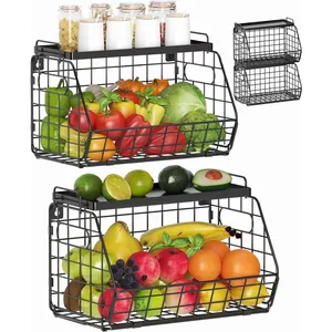 2 Tier Unique Metal Grid Fruit Basket With Metal Tray Top Hanging Wall Mounted Fruit Basket For Kitchen