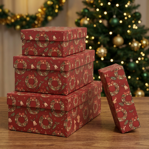 Cajas de Regalo Rígidas con Diseño de Corona Navideña Roja, Forma Rectangular, Embalaje de Cartón Reciclable, Materiales Reciclados, Impermeables - Product Image 1