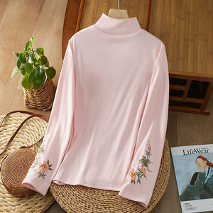 Women's Embroidered High Neck Long Sleeve T-Shirt Slim Fit Soft Warm Inner <b>Layer</b> <b>Top</b> Autumn Winter Clothing - Product Image 3