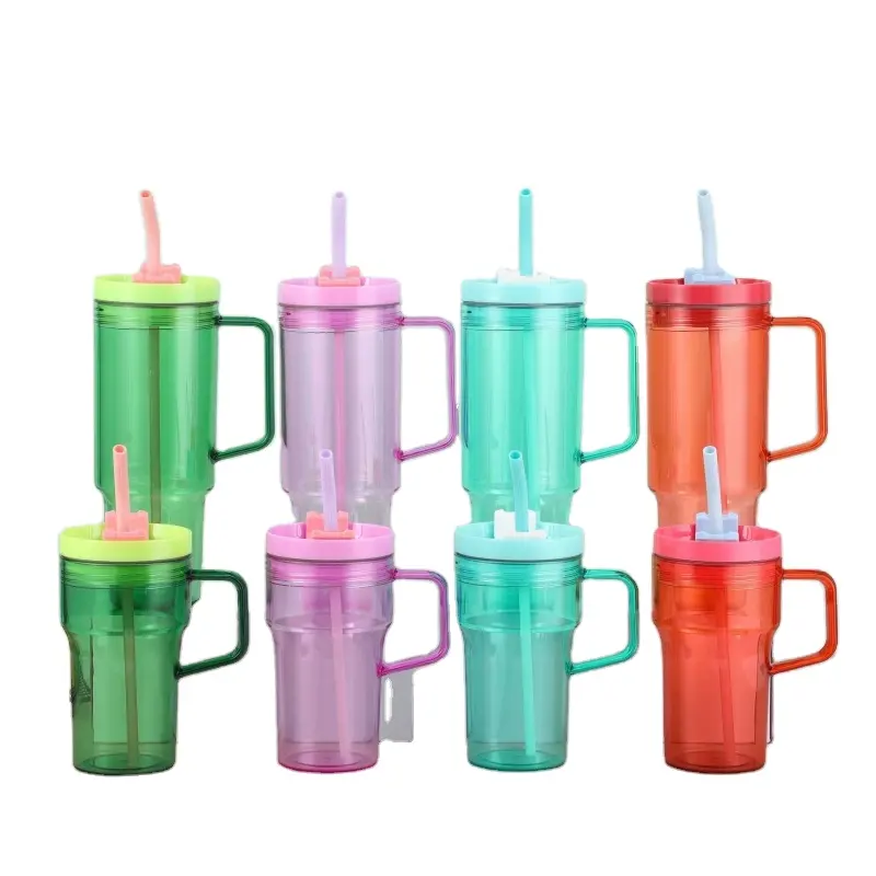 Gobelet 40oz en plusieurs couleurs avec paille et poignée en PP 1200ml Tasse de voyage avec couvercle Tasse en plastique anti-fuite pour voiture