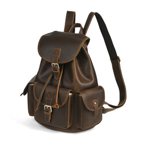 Crazy Horse Leather Retro <b>Backpack</b> Dark Brown <b>20L</b> Multi Function Leisure Travel Unisex Shoulder Strap Solid Color - Product Image 4