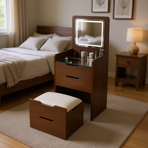 Tocador Compacto de Nogal con Espejo Abatible Iluminado y Pequeño Escritorio de Vidrio D0100HR59U2 Set - Product Image 2