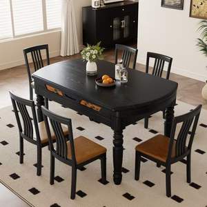 French Retro Solid Wood <b>Dining</b> <b>Table</b> And Chair <b>Set</b> 6 Piece <b>Extendable</b> Vintage Style For <b>Dining</b> Room - Product Image 3
