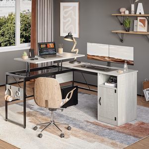 Bureau d'ordinateur en forme de L, surface en bois, structure en métal, hauteur réglable, table d'écriture pour le bureau à domicile - Product Image 6