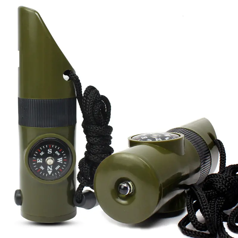 SOS Kit 7 In 1 Multifunctional กลางแจ้งฉุกเฉิน Survival Whistle เข็มทิศเครื่องวัดอุณหภูมิไฟฉายกระจกสัญญาณ