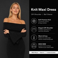 Robe en tricot vintage pour femme avec logo personnalisé, pointelle, mini volants, manches longues, épaules dénudées, noire, été, polyester, élasthanne, OEM, ODM