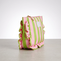 Pochette cosmétique en polyester à rayures verticales personnalisée OEM avec bord festonné, étiquette PU vierge, sac de rangement portable pour maquillage de voyage