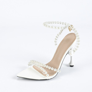 Sandalias de tacón de aguja con punta, correa de perlas y suela de goma, de moda, sexys, de verano, de caña alta, sin cordones, para exteriores, con un solo tirante. - Product Image 2