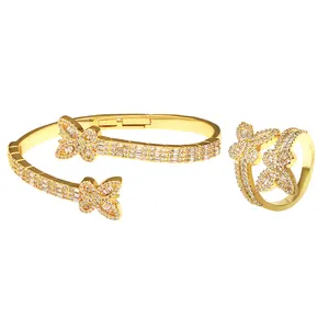 iced out fashion jewelry set Emerald cut baguette gold silver zircon butterfly ring bracelet bangle set