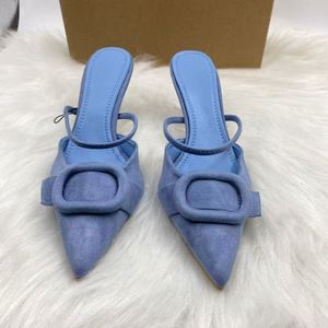 Escarpins d'été à bout pointu pour femme, sandales bleues à talons, style mode en faux daim, à boucle carrée, à bride unique, style dos nu, chaussures à talons hauts - Product Image 2