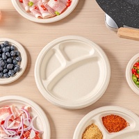 Assiette jetable en pulpe de canne à sucre à trois compartiments de 9 pouces, vaisselle de qualité alimentaire, bol, baguettes, ensemble de plats biodégradables, 20 pièces modernes