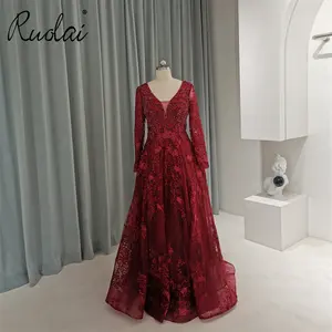 Ruolai LWC8178 Illusion Appliziert Abendkleid A-Linie Perlen Langarm Abend party Kleid