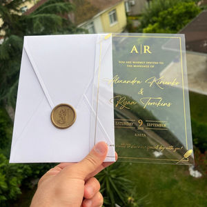 Tarjeta de invitación de boda de acrílico transparente elegante de lujo floral azul cielo Tapa dura única al por mayor con sello de cera - Product Image 2