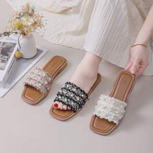 Sandalias de Lujo para Mujer con Decoraciones de Perlas, Sandalias Planas Cómodas para Dama, Sandalias de Moda de Verano, Bonitas Sandalias Abiertas para Exteriores - Product Image 6
