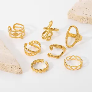 Anillos ajustables de acero inoxidable, chapado en oro de 18k, corazones geométricos ovalados, luna, estrella, serpiente martillado