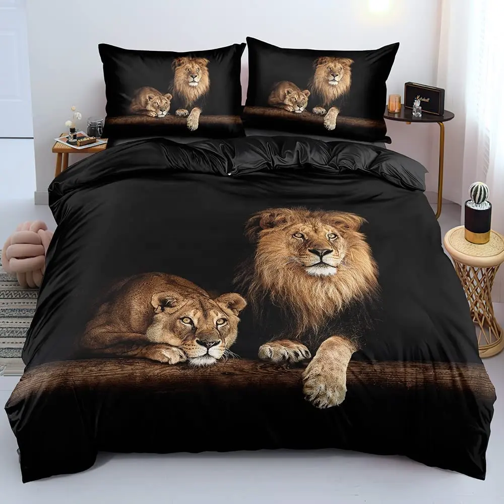 Ensembles de housse de couette/couette Lion, linge de lit noir, oreiller Shams King Queen Twin pleine taille pour garçons et enfants, ensemble de lit Animal