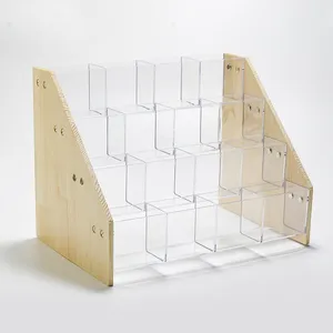 Custom made acrylic pen holder structure mixed of acrylic and wood for display for store for sale