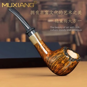 Muxiang Handmade Burl Wood Tobacco Pipe Bent Type Gold Contrast Smooth Finish Smoking Accessory For Men - Product Image 2