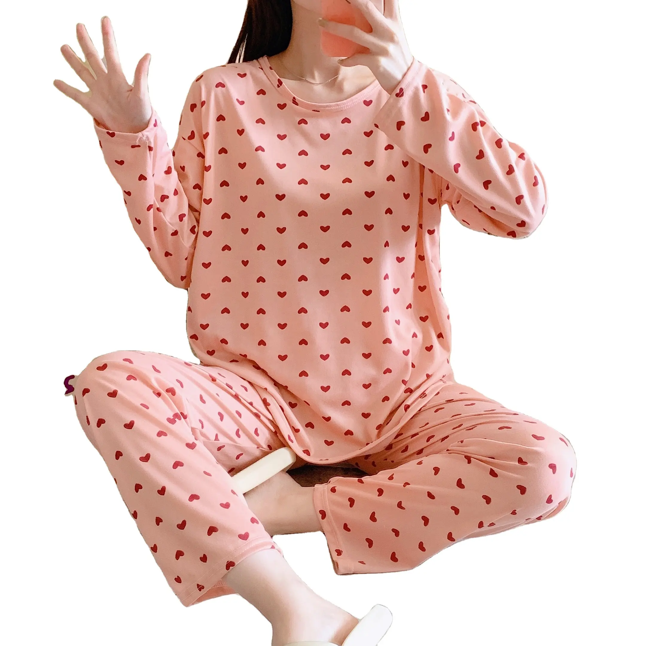 여성 잠옷 저렴한 긴 소매 바지 2Pcs 세트 잠옷 얇은 부드러운 우유 실크 전체 인쇄 한국어 스타일 잠옷 Loungwear