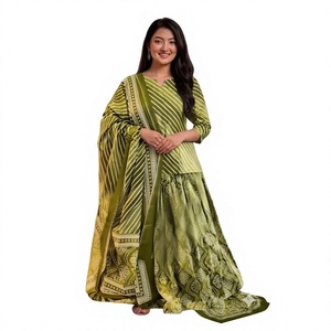 Ensemble de vêtements de mariage traditionnel indien pakistanais pour femmes, imprimé numérique vert, en soie, longueur au sol, coupe ample - Product Image 1