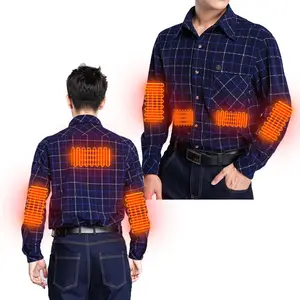 Plaid Italiaanse Mens Designer Polo Denim Shirt Blauw Casual Batterij Elektrische Verwarmde Shirts Plaid Patroon Button Down Kraag