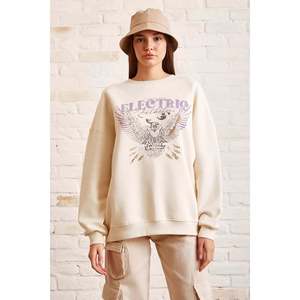 Sudadera de Cuello Redondo Color Crema para Mujer, Informal, Tejida, Transpirable, 320g, Sin Forro - Product Image 3