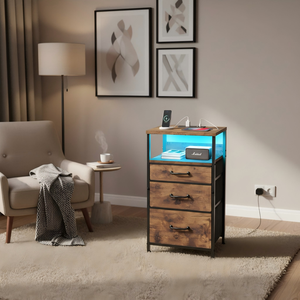 <span class=keywords><strong>Table</strong></span> <span class=keywords><strong>de</strong></span> <span class=keywords><strong>lit</strong></span> rustique moderne avec lumière LED, <span class=keywords><strong>table</strong></span> <span class=keywords><strong>de</strong></span> chevet, station <span class=keywords><strong>de</strong></span> charge, 1 rangement ouvert, 3 tiroirs, <span class=keywords><strong>table</strong></span> d'appoint en métal noir pour meubles <span class=keywords><strong>de</strong></span> maison - Product Image 2