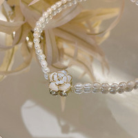 Kalung Mutiara Camellia Vintage Prancis Rantai Zirkon Kubik Liontin Bunga Kalung Klavikula untuk Wanita