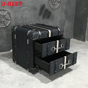 U-BEST French Style Antique Reproduction Drawer Chest Leather Bedside Box Trunk Side Chest Industrial Side Table