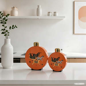 Juego de Botellas Decorativas Redondas de Cerámica Naranja con Tapa Dorada con Diseño de Caballo Vintage, Adorno Oriental para Escritorio, Par de Jarrones - Product Image 6
