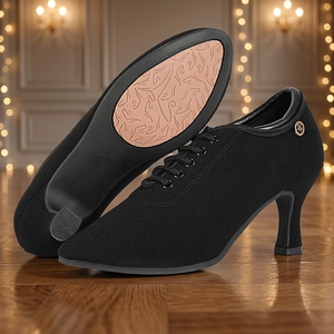 Chaussures de danse latine en toile noire pour femmes, chaussures à lacets avec talon, chaussures d'entraînement professionnelles pour enseignants, en cuir de haute qualité d'origine - Product Image 3