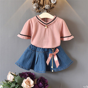 Ventes en gros de t-shirts à manches courtes pour enfants avec bordure en dentelle, jupe en jean, ensembles de vêtements pour bébés filles, vêtements pour enfants - Product Image 3