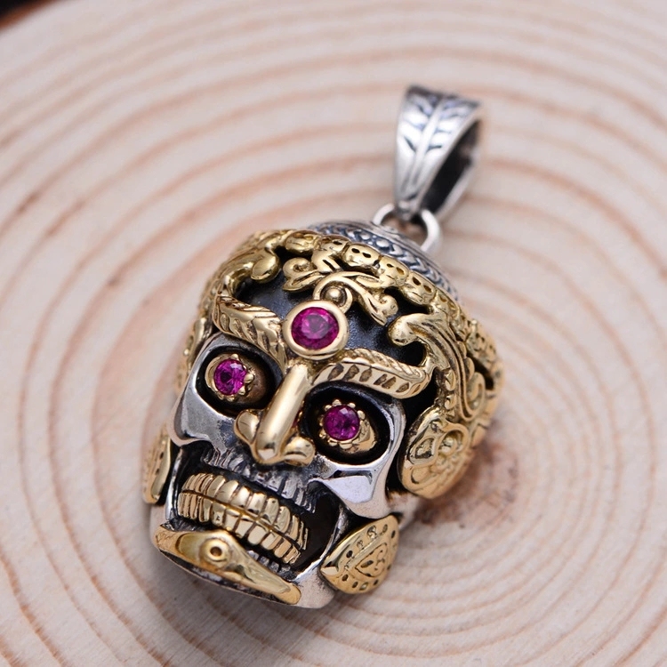925 Sterling Silver Skull Rings with Red Corundum Inlay