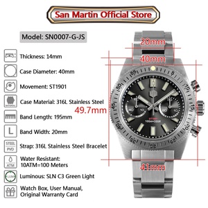 Reloj de Hombre San Martin SN0007-G-JS, Cronógrafo de 40 mm, Diseño Elegante y Lujoso, Movimiento Mecánico Manual Seagull ST, Cristal de Zafiro, 10 Bar, Luminoso - Product Image 2