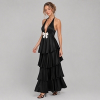 Robe longue élégante OEM pour femme, double couche à volants, motif floral, sans manches, dos noué, à niveaux, sexy et naturelle pour l'été