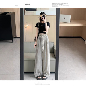 2025 donna primavera autunno <span class=keywords><strong>pantaloni</strong></span> larghi <span class=keywords><strong>a</strong></span> <span class=keywords><strong>righe</strong></span> bianche nere <span class=keywords><strong>a</strong></span> vita alta <span class=keywords><strong>pantaloni</strong></span> larghi <span class=keywords><strong>a</strong></span> gamba dritta Casual in cotone vita elastica - Product Image 3