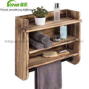 Prácticos y elegantes estantes de baño de madera marrón montados en la pared con barra de toalla de metal de doble nivel para uso en la sala de estar - Product Image 2