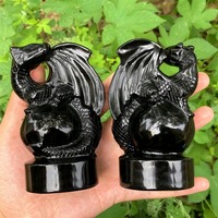 Statue de Dragon volant en cristal obsidienne noire avec pierres précieuses naturelles de 4 pouces