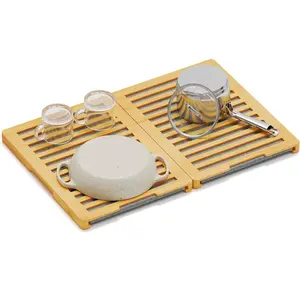 Estante de bambú plegable para platos, encimera de cocina, tierra de diatomeas, plato de piedra absorbente de agua, estera de secado rápido