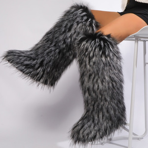 Bottes d'hiver pour femmes en fourrure synthétique imitation renard Y2K, talon plat, hauteur au-dessus du genou, doublure en denim, bottes longues pour l'automne, hauteur cuisse - Product Image 6
