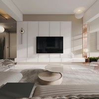 Meuble TV flottant avec éclairage LED, minimaliste, en MDF blanc, pour bureau à domicile, laqué, style transitionnel