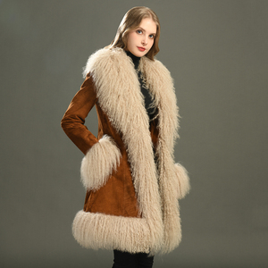Moda di lusso in vera pelle di pecora <span class=keywords><strong>Trench</strong></span> grande vero e proprio agnello mongoliano con collo di pelliccia personalizzato inverno cappotto in pelle scamosciata per le donne - Product Image 2