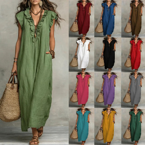 Vestido Largo Vintage al por Mayor con Volantes, Cuello en V, Sin Mangas, Transpirable, con Bolsillos, Casual, para Playa, Banquete, Ropa de Calle, Elegante, para <span class=keywords><strong>Mujer</strong></span> - Product Image 2