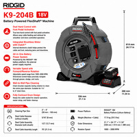 Nettoyeur de canalisations électrique RIDGID K9-204B 2500 tr/min 18V, machine à hydrojet pour égouts